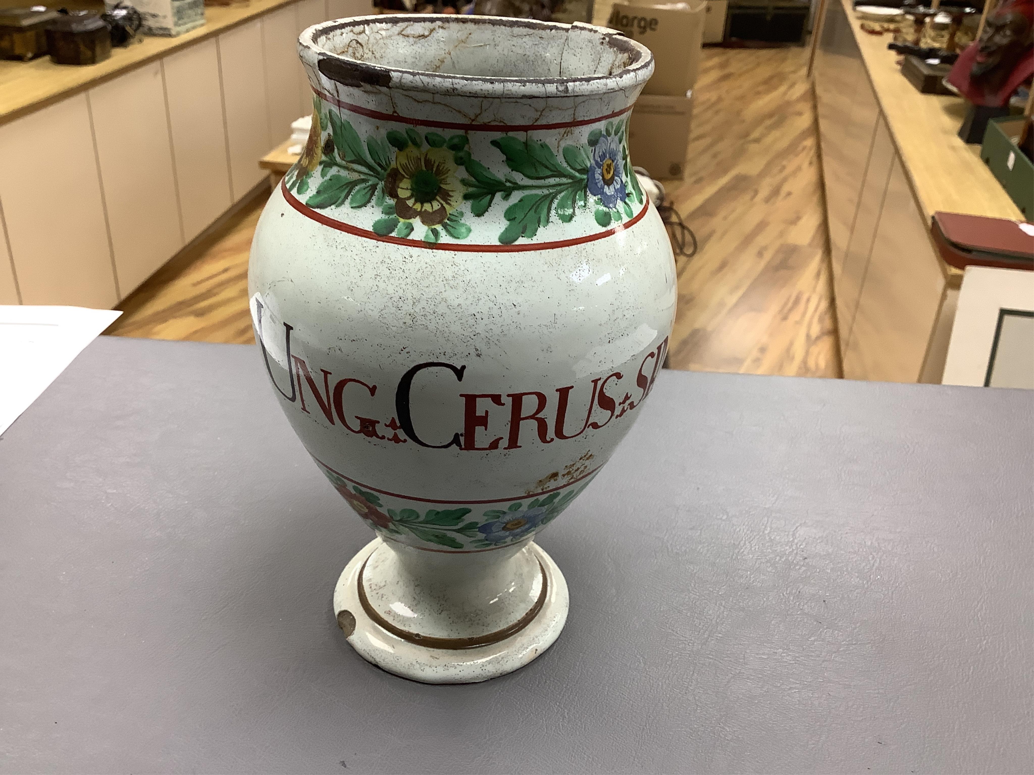 A group of Continental ceramics including two late 18th/early 19th century Italian maiolica wet drug jars, a Staffordshire Whieldon type tortoiseshell glazed plate c.1770 and a silver mounted Mortlake stoneware jug, 24cm